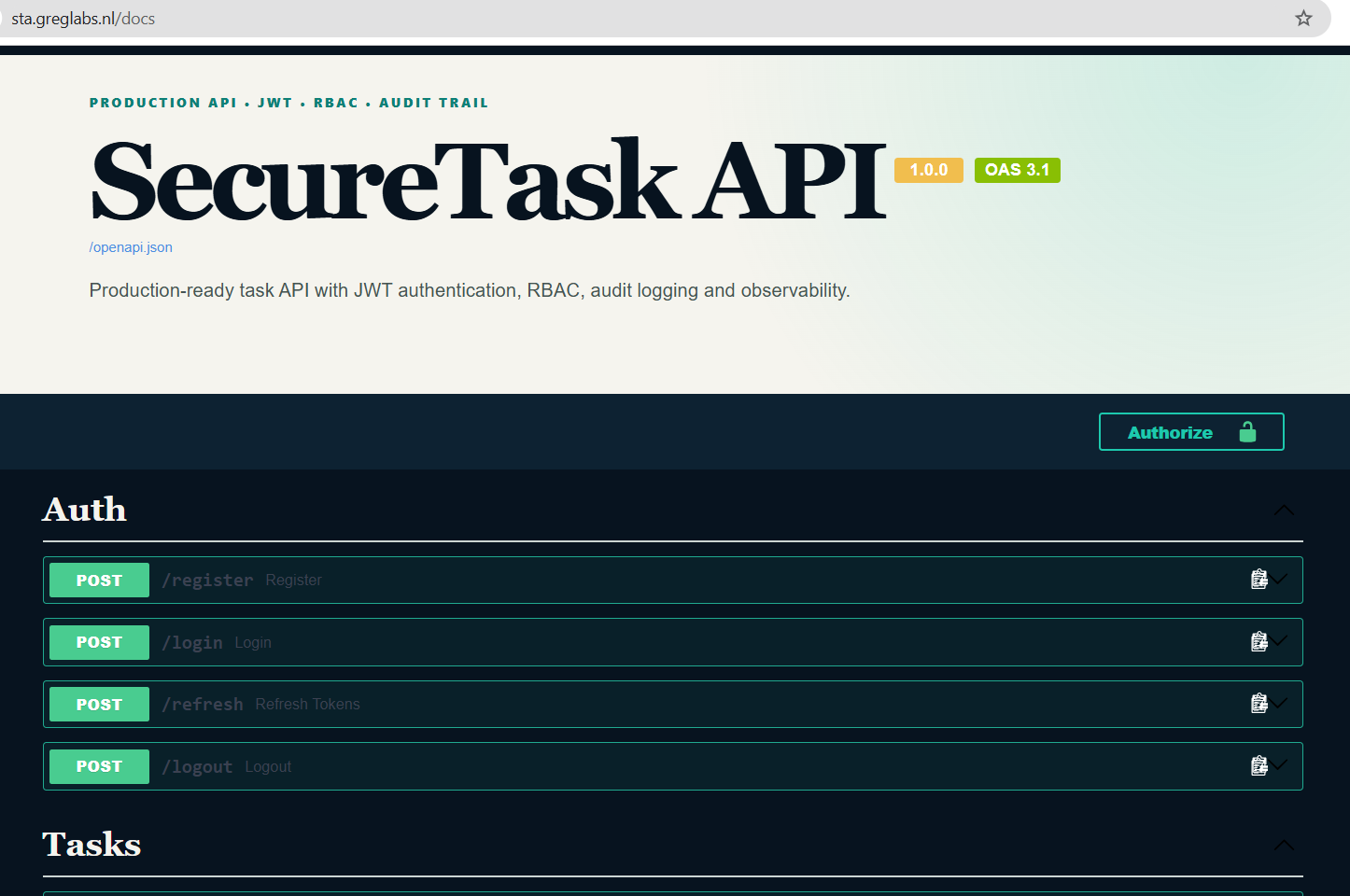 SecureTask API live interface